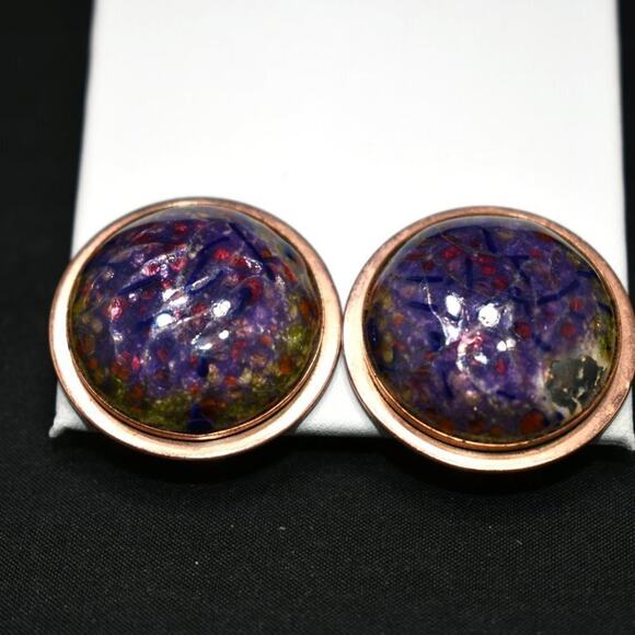 Renoir Matisse Vintage Crackle Lucite Copper Clip Earrings, Designer 1 1/4 Inch - Picture 8 of 10